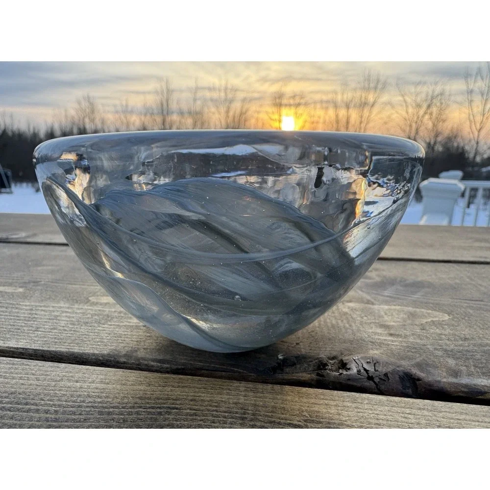 Kosta Boda Art Glass Grey Smoke Swirl Atoll Candle Votive Bowl Scandinavian